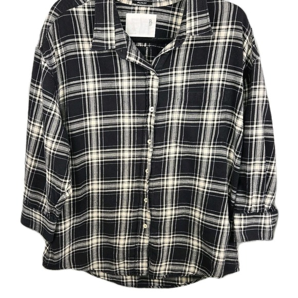R13 Oversized Cropped Plaid Shirt Black Ecru Japanese Fabric Made in Italy L - Picture 4 of 7